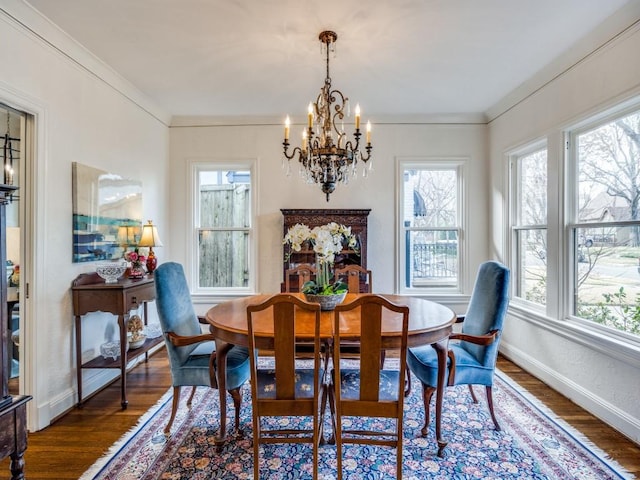 dining room with crown molding and dark wood-type flooring