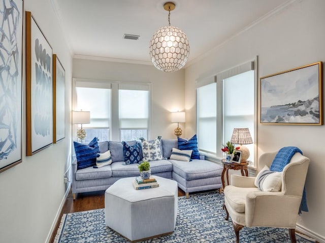 living room featuring ornamental molding and dark hardwood / wood-style floors