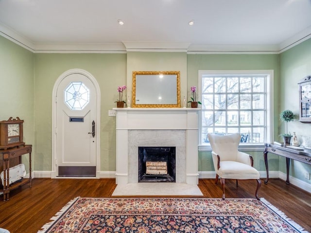 entrance foyer with ornamental molding, a fireplace, and dark hardwood / wood-style flooring