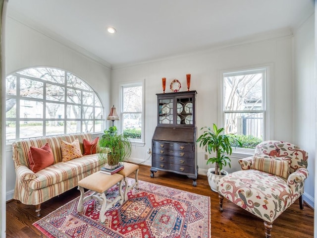 sitting room featuring crown molding and dark hardwood / wood-style floors