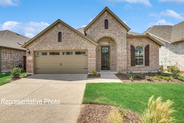 french provincial home with a garage and a front lawn