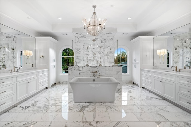 bathroom featuring crown molding, marble finish floor, and plenty of natural light