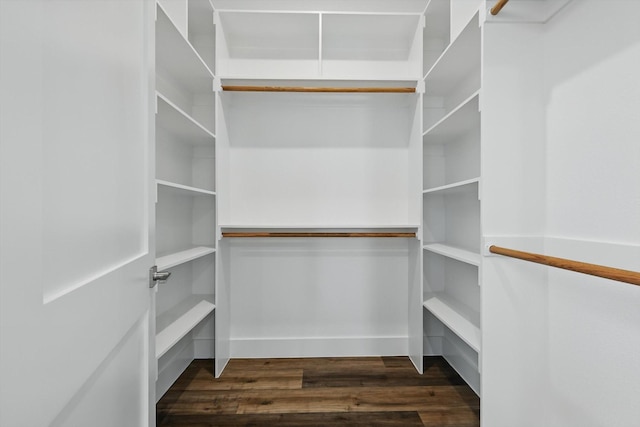 walk in closet with dark wood-style flooring