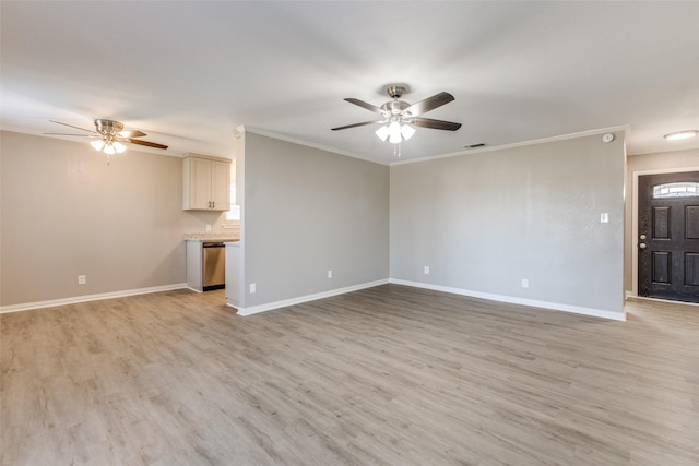 unfurnished living room with ceiling fan, ornamental molding, and light hardwood / wood-style floors