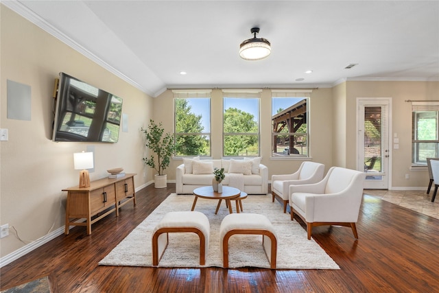 living room featuring dark wood-type flooring and ornamental molding