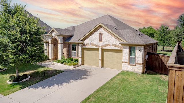 view of front of property featuring a garage and a yard