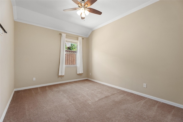 unfurnished room featuring ornamental molding, lofted ceiling, carpet flooring, and ceiling fan