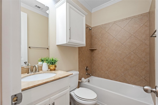 full bathroom with tiled shower / bath combo, ornamental molding, vanity, and toilet