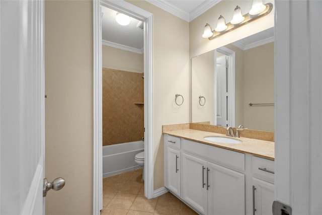 bathroom featuring tile patterned flooring, crown molding, vanity, and toilet