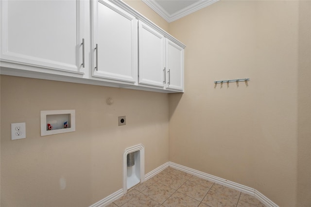 washroom with crown molding, cabinets, gas dryer hookup, washer hookup, and hookup for an electric dryer