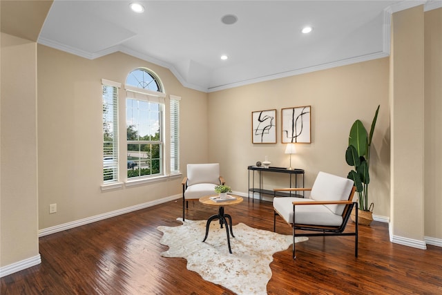 sitting room featuring plenty of natural light, ornamental molding, and dark hardwood / wood-style floors