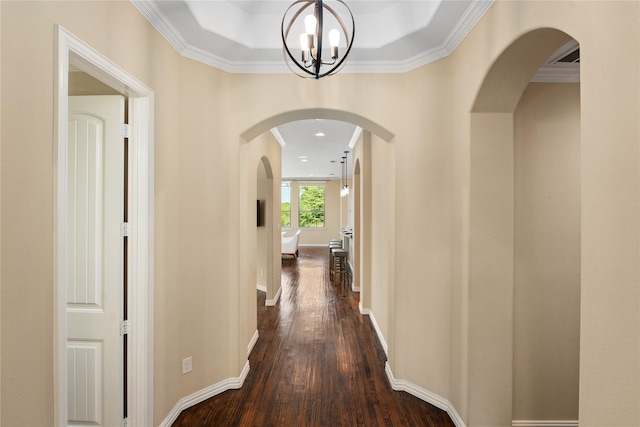 hall with crown molding and dark wood-type flooring