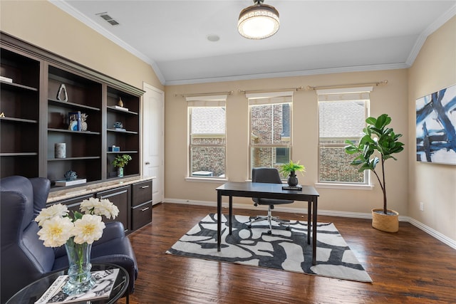 office featuring ornamental molding and dark wood-type flooring