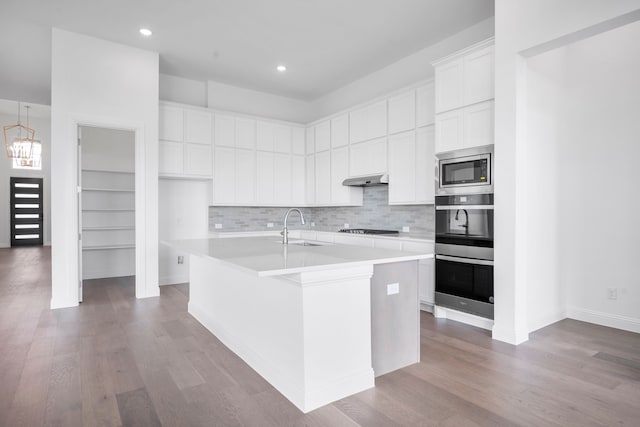 kitchen featuring a center island with sink, stainless steel appliances, a sink, wood finished floors, and under cabinet range hood