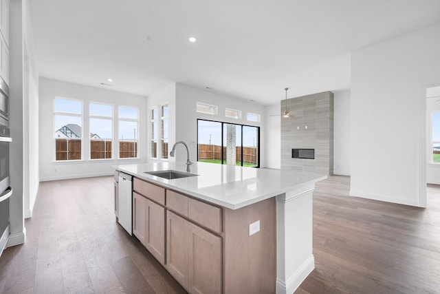 kitchen with dark wood-style flooring, a sink, open floor plan, dishwasher, and a tiled fireplace