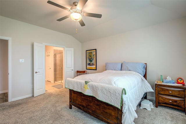 carpeted bedroom featuring vaulted ceiling and ceiling fan