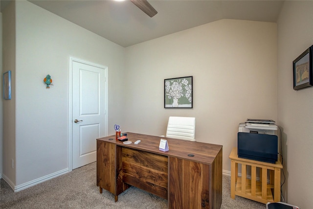 office space with lofted ceiling, light colored carpet, and ceiling fan