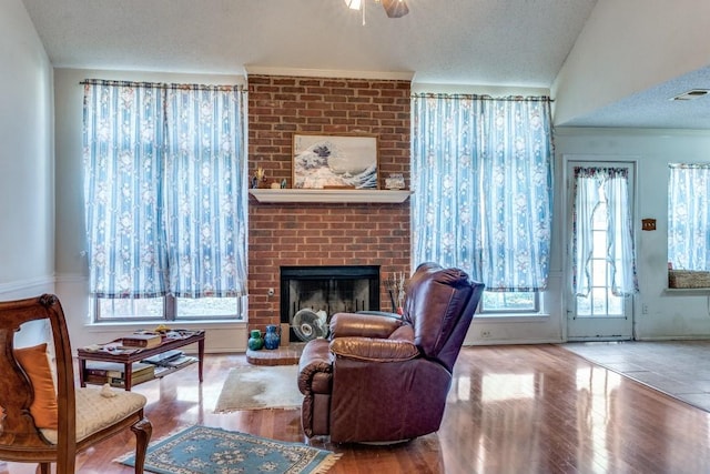 living room with vaulted ceiling, wood-type flooring, a textured ceiling, and a fireplace