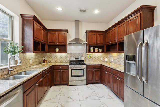 kitchen featuring sink, decorative backsplash, wall chimney exhaust hood, and appliances with stainless steel finishes