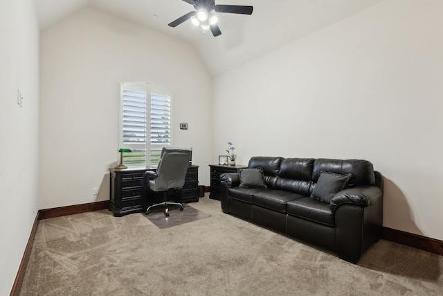 carpeted office with ceiling fan and lofted ceiling