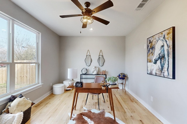home office featuring visible vents, a ceiling fan, wood finished floors, and a healthy amount of sunlight
