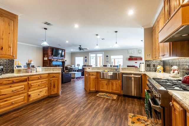 kitchen featuring decorative light fixtures, custom exhaust hood, appliances with stainless steel finishes, open floor plan, and a peninsula