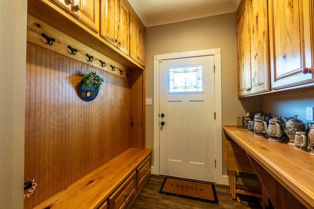 mudroom with dark wood-type flooring and crown molding