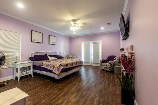 bedroom with baseboards, visible vents, dark wood-style flooring, and ornamental molding