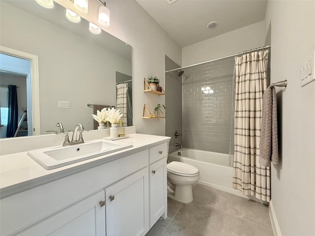 full bath featuring toilet, tile patterned flooring, shower / bath combination with curtain, and vanity