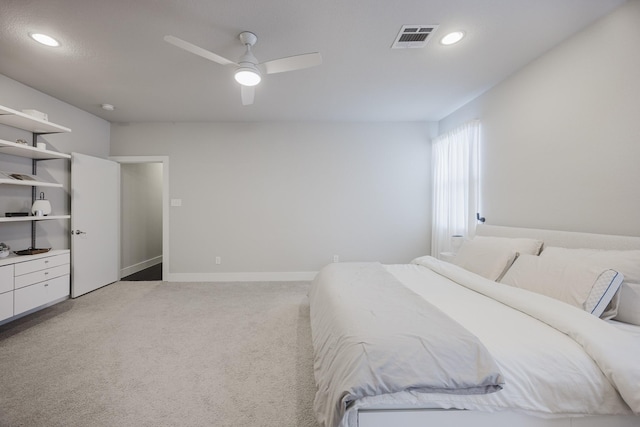 bedroom featuring carpet floors, recessed lighting, visible vents, ceiling fan, and baseboards