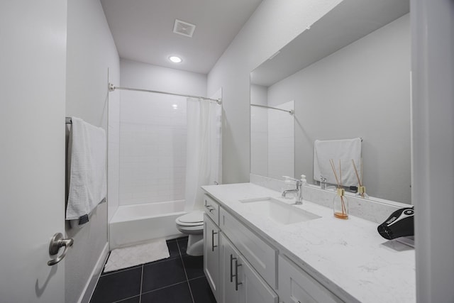 full bath featuring tile patterned flooring, toilet, shower / tub combo, vanity, and visible vents