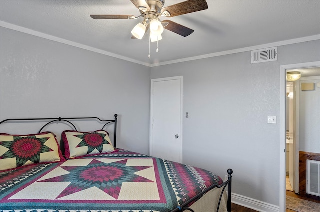 bedroom featuring crown molding, dark wood-type flooring, a textured ceiling, and ceiling fan