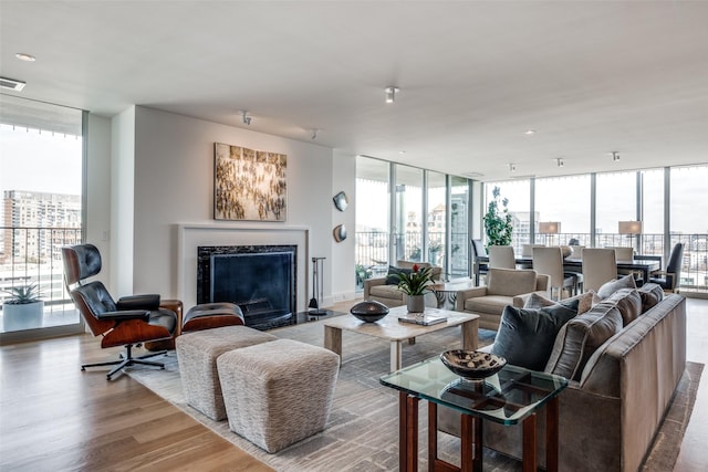 living room featuring a wall of windows, a premium fireplace, and light wood-type flooring