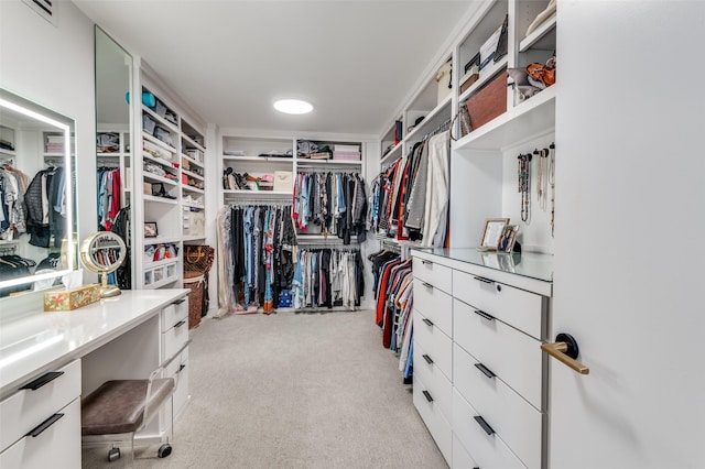 walk in closet with light colored carpet