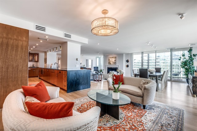 living room with sink, light hardwood / wood-style floors, and expansive windows