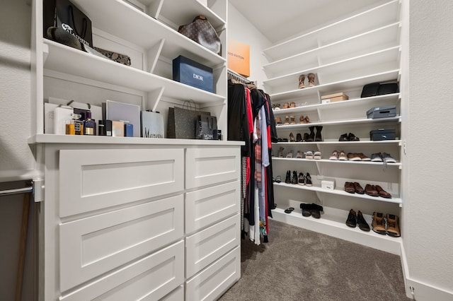 walk in closet with dark carpet