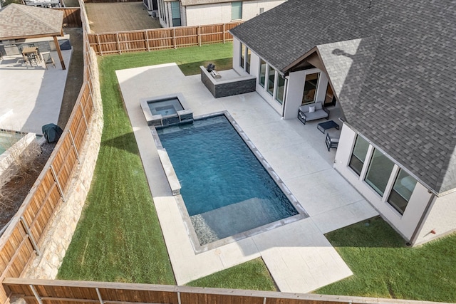 view of swimming pool with an in ground hot tub, an outdoor kitchen, an outdoor bar, and a patio