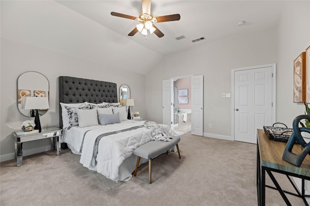 5010 Plantation Ln, Frisco, TX 75035 - bedroom with light carpet, lofted ceiling, ensuite bath, baseboards, and ceiling fan