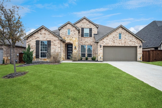 french country inspired facade with a garage, driveway, fence, a front lawn, and brick siding