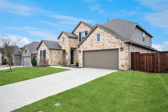 french provincial home with driveway, a front lawn, fence, and brick siding