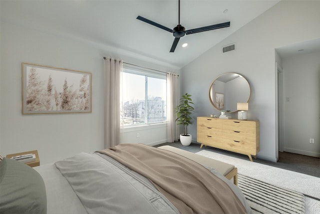 carpeted bedroom with vaulted ceiling, baseboards, ceiling fan, and recessed lighting