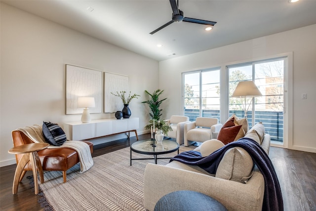 living room featuring ceiling fan, wood finished floors, baseboards, and recessed lighting