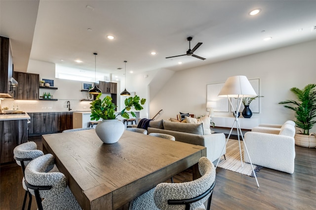 dining space with a ceiling fan, recessed lighting, and dark wood-style floors