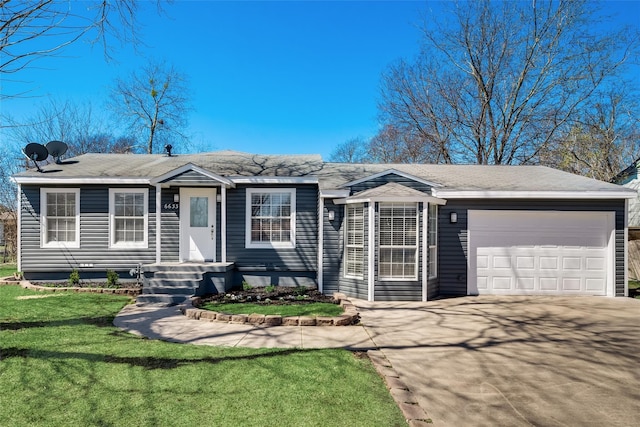 ranch-style house with a garage and a front yard