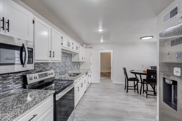 kitchen with sink, appliances with stainless steel finishes, light stone counters, white cabinets, and decorative backsplash