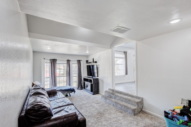 living room featuring carpet floors and a textured ceiling