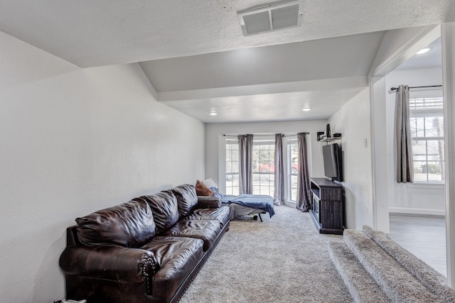 living room featuring carpet and a textured ceiling