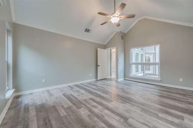 unfurnished room with crown molding, high vaulted ceiling, ceiling fan, and light wood-type flooring