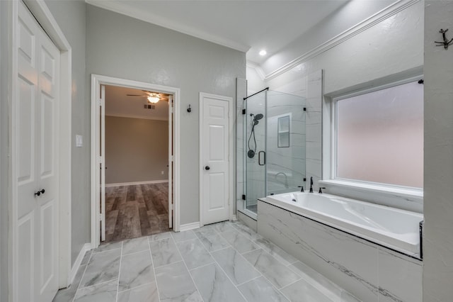 bathroom featuring crown molding and plus walk in shower