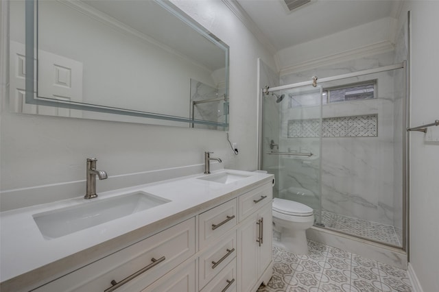 bathroom featuring vanity, an enclosed shower, ornamental molding, and toilet